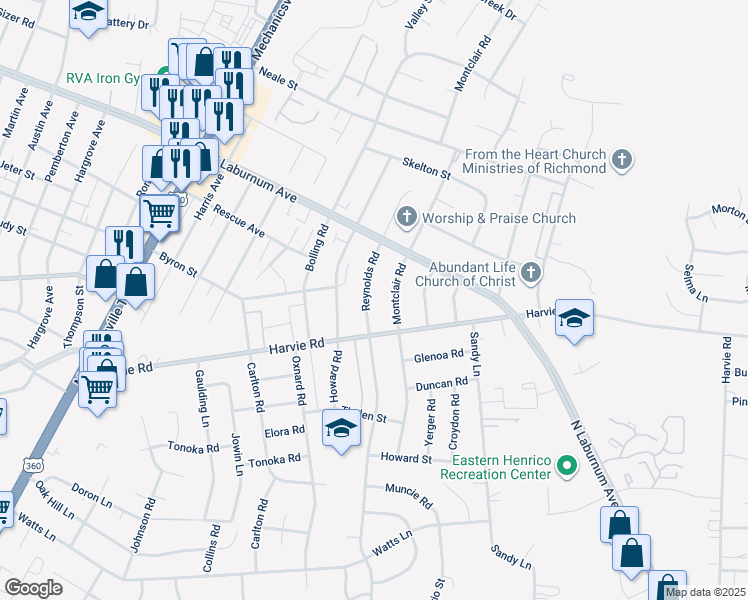 map of restaurants, bars, coffee shops, grocery stores, and more near 3611 Reynolds Road in Richmond