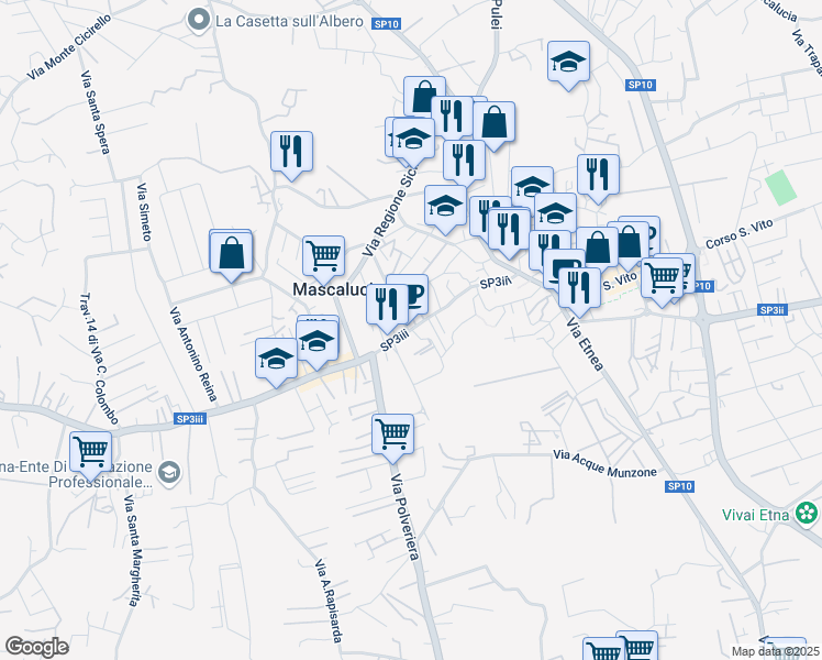 map of restaurants, bars, coffee shops, grocery stores, and more near 155 Via Roma in Mascalucia