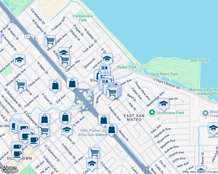 map of restaurants, bars, coffee shops, grocery stores, and more near 400 South Norfolk Street in San Mateo