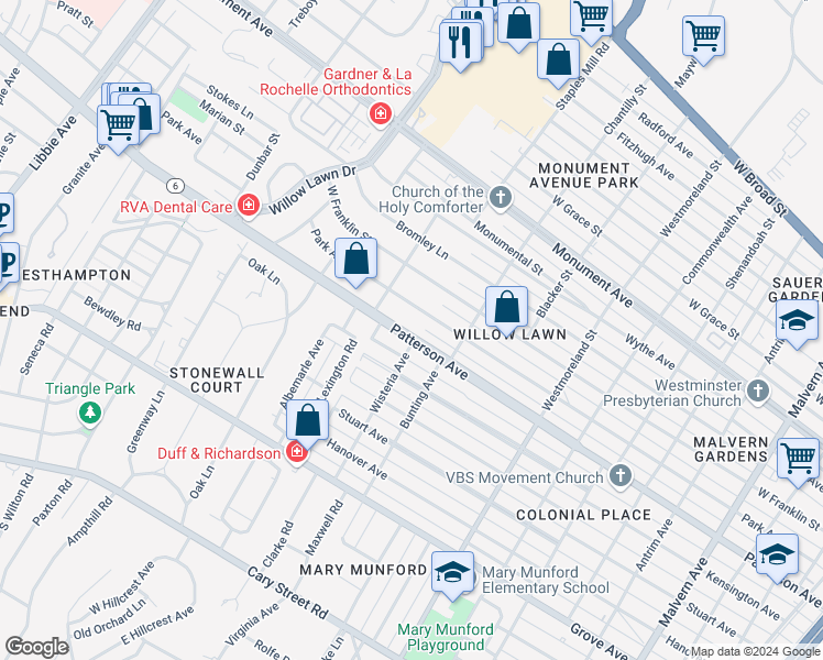 map of restaurants, bars, coffee shops, grocery stores, and more near 4902 Patterson Avenue in Richmond