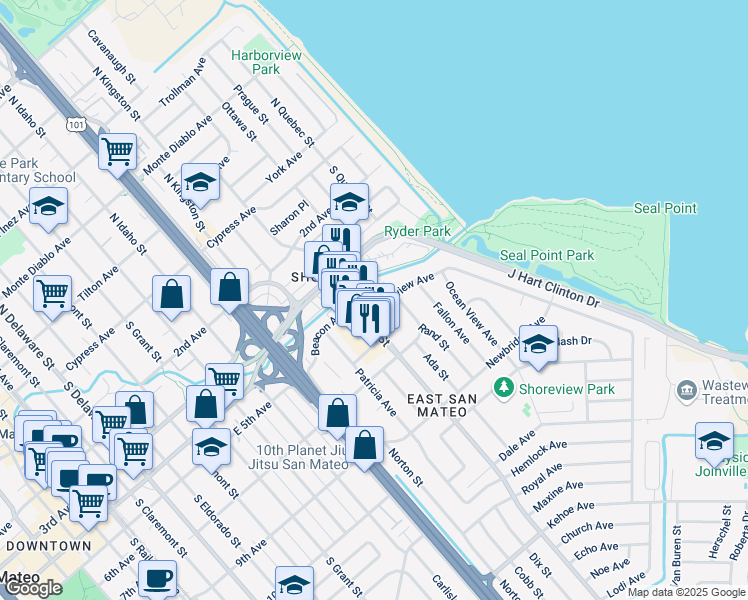 map of restaurants, bars, coffee shops, grocery stores, and more near 401 South Norfolk Street in San Mateo