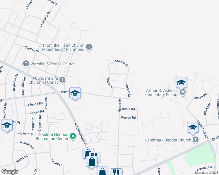 map of restaurants, bars, coffee shops, grocery stores, and more near 1416 Selma Lane in Richmond