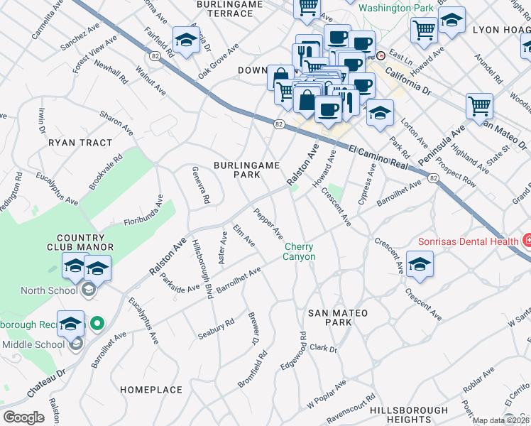 map of restaurants, bars, coffee shops, grocery stores, and more near 141 Pepper Avenue in Burlingame