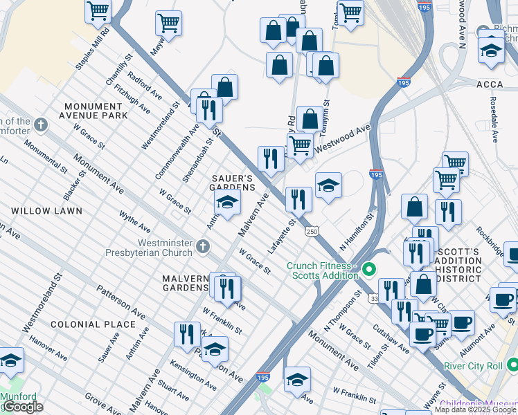 map of restaurants, bars, coffee shops, grocery stores, and more near 4018 Augusta Avenue in Richmond