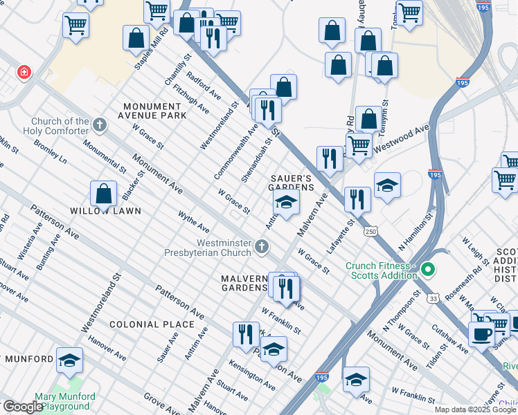 map of restaurants, bars, coffee shops, grocery stores, and more near 1405 Sauer Avenue in Richmond