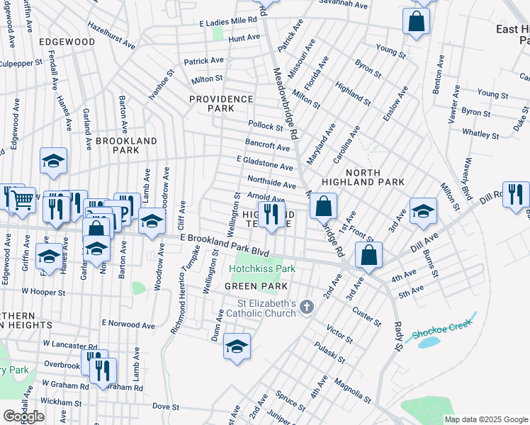 map of restaurants, bars, coffee shops, grocery stores, and more near 3112 Letcher Avenue in Richmond