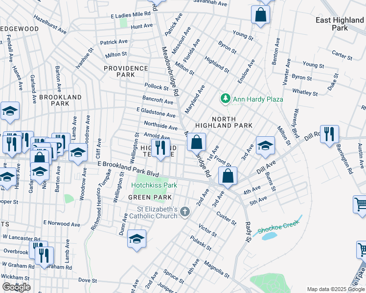 map of restaurants, bars, coffee shops, grocery stores, and more near 3128 Woodcliff Avenue in Richmond