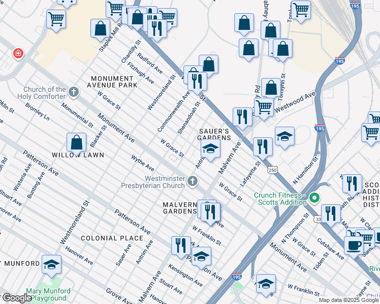 map of restaurants, bars, coffee shops, grocery stores, and more near 1405 Sauer Avenue in Richmond