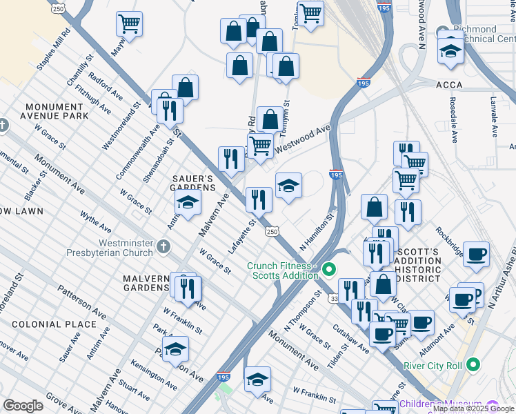 map of restaurants, bars, coffee shops, grocery stores, and more near 4008 West Broad Street in Richmond