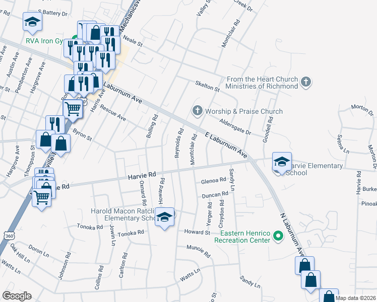 map of restaurants, bars, coffee shops, grocery stores, and more near 3606 Montclair Road in Richmond