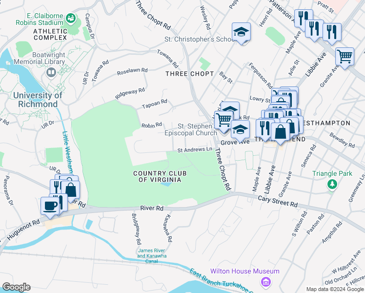 map of restaurants, bars, coffee shops, grocery stores, and more near 6 Stonehurst Green in Richmond