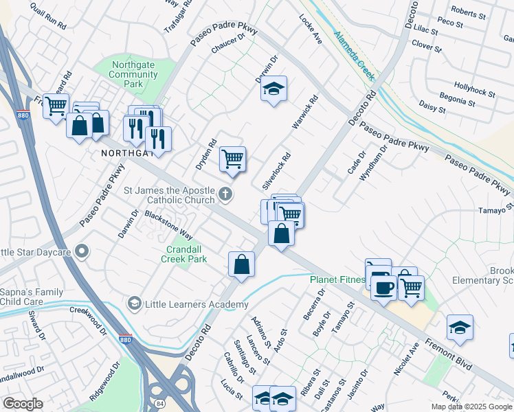 map of restaurants, bars, coffee shops, grocery stores, and more near 3885 Decoto Road in Fremont