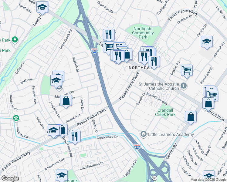 map of restaurants, bars, coffee shops, grocery stores, and more near 4328 Gordon Place in Fremont