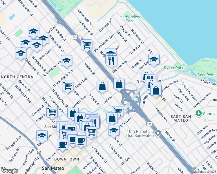 map of restaurants, bars, coffee shops, grocery stores, and more near 110 South Idaho Street in San Mateo
