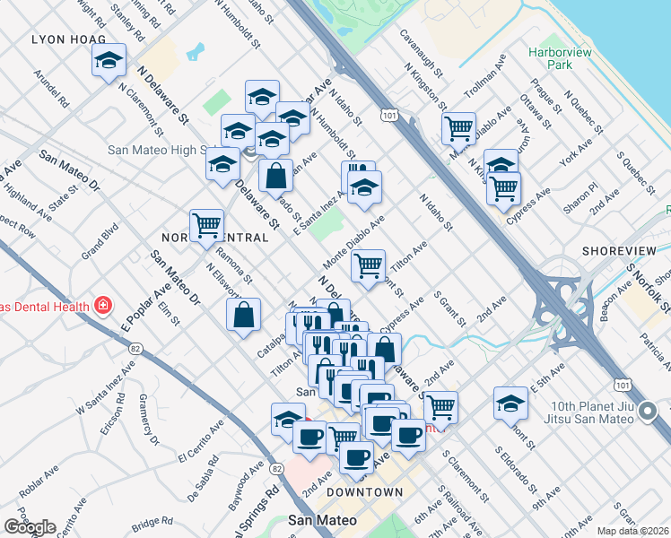 map of restaurants, bars, coffee shops, grocery stores, and more near in San Mateo