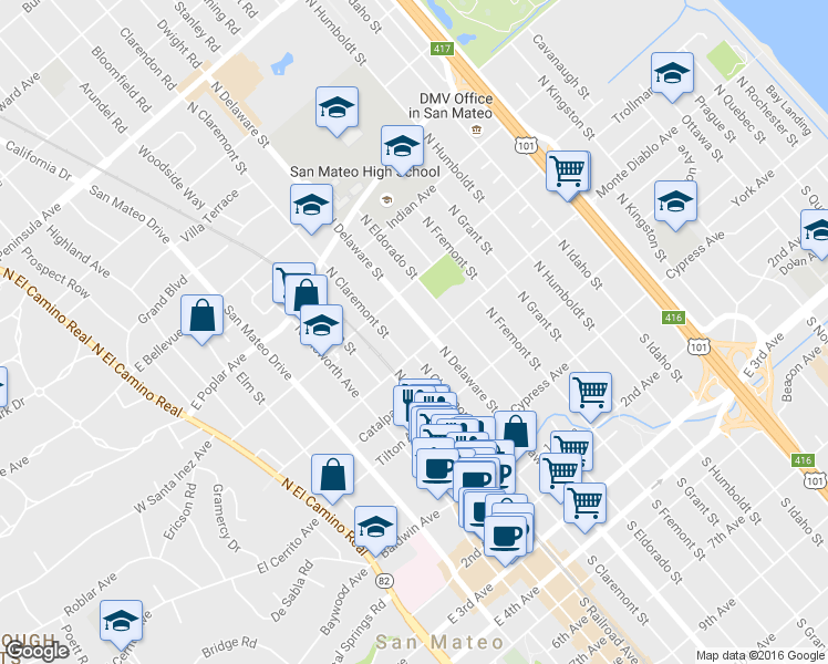 map of restaurants, bars, coffee shops, grocery stores, and more near 509 Monte Diablo Avenue in San Mateo