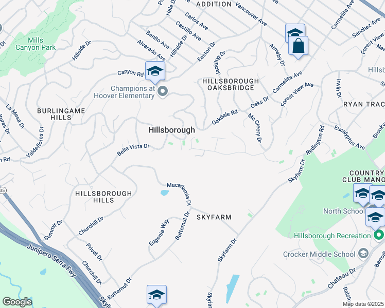 map of restaurants, bars, coffee shops, grocery stores, and more near 2295 Forest View Avenue in Hillsborough