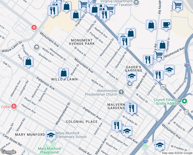 map of restaurants, bars, coffee shops, grocery stores, and more near 4407 Monument Avenue in Richmond