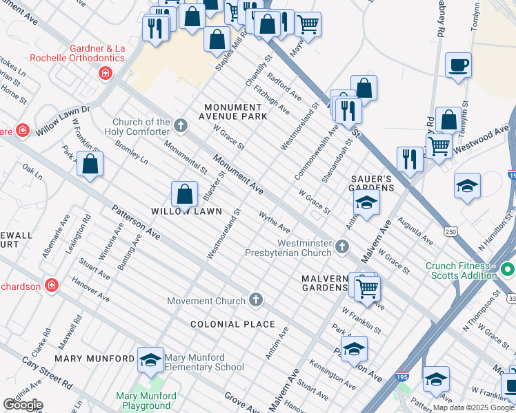 map of restaurants, bars, coffee shops, grocery stores, and more near 4508 Wythe Avenue in Richmond