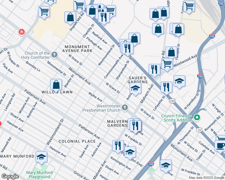 map of restaurants, bars, coffee shops, grocery stores, and more near 4308 Monument Park in Richmond