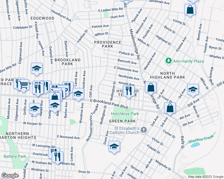 map of restaurants, bars, coffee shops, grocery stores, and more near 521 Craigie Avenue in Richmond