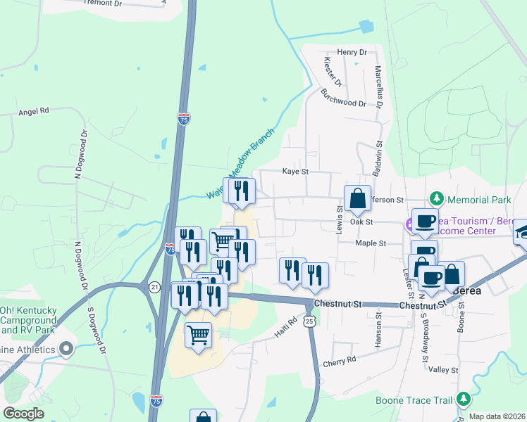 map of restaurants, bars, coffee shops, grocery stores, and more near 203 Morning View Road in Berea