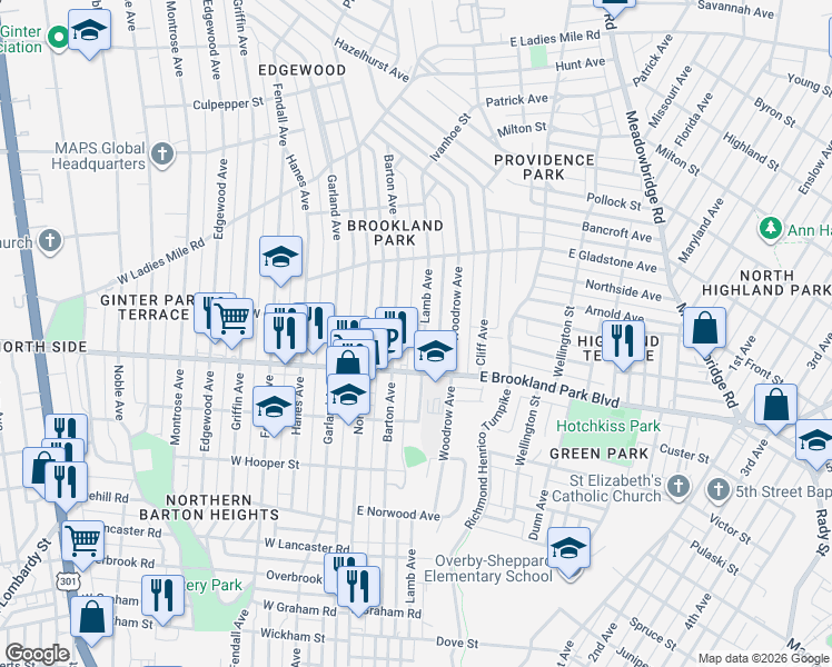 map of restaurants, bars, coffee shops, grocery stores, and more near in Richmond
