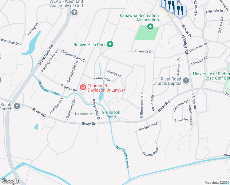 map of restaurants, bars, coffee shops, grocery stores, and more near 14 West Glenbrooke Circle in Henrico