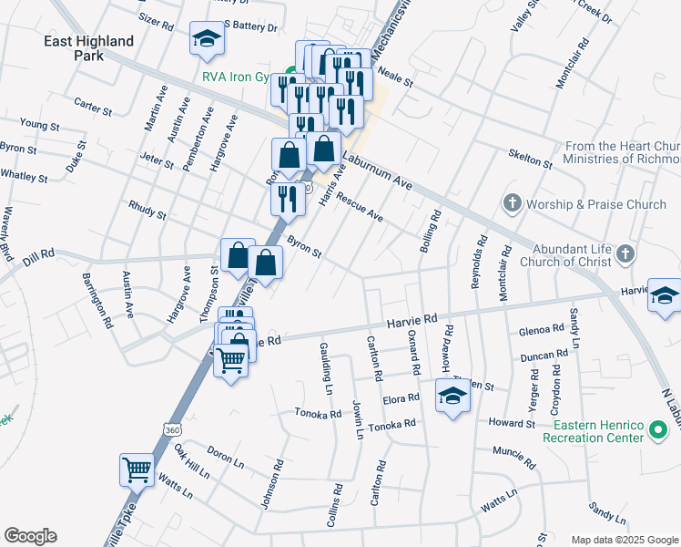 map of restaurants, bars, coffee shops, grocery stores, and more near 3512 Ammons Avenue in Richmond