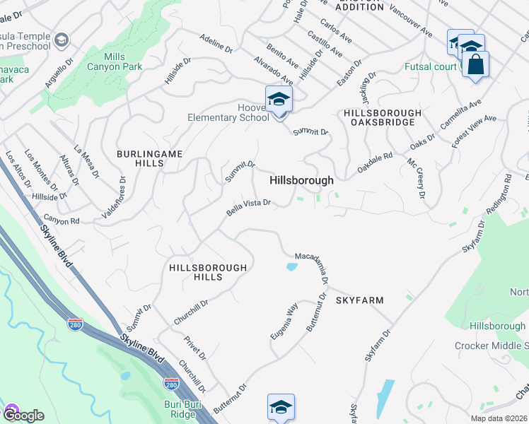 map of restaurants, bars, coffee shops, grocery stores, and more near 125 Bella Vista Drive in Hillsborough