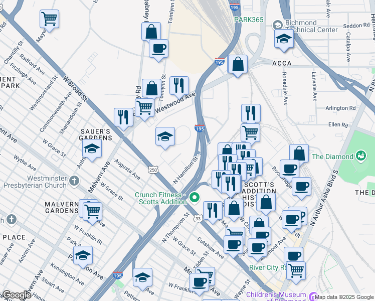 map of restaurants, bars, coffee shops, grocery stores, and more near 3840 Mastin Lane in Richmond