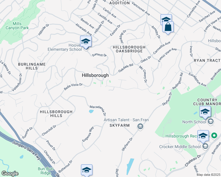 map of restaurants, bars, coffee shops, grocery stores, and more near 2295 Forest View Avenue in Hillsborough