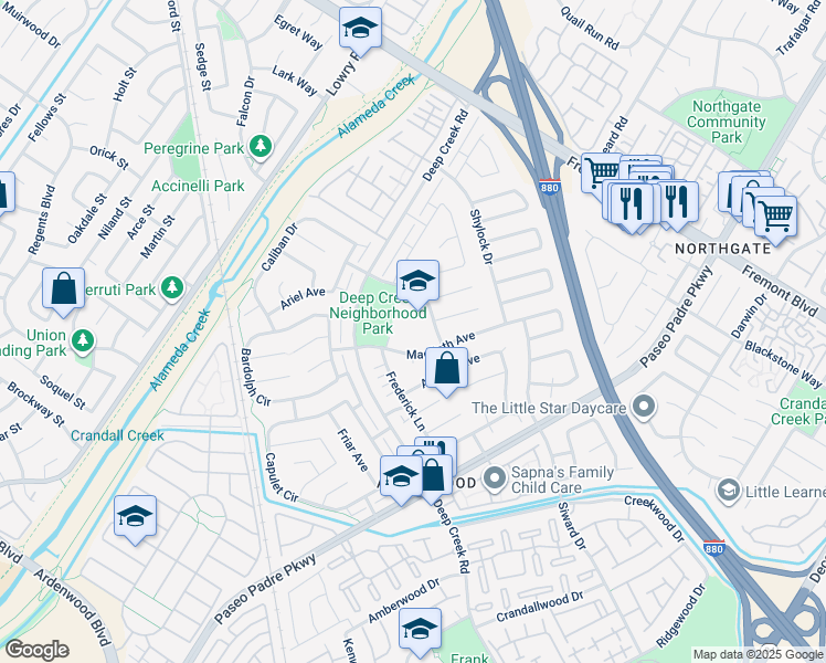 map of restaurants, bars, coffee shops, grocery stores, and more near 33955 Emilia Lane in Fremont