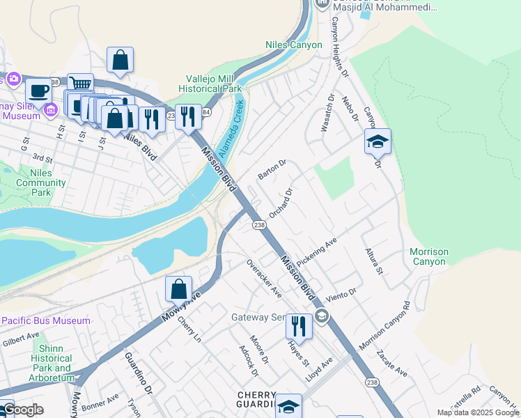 map of restaurants, bars, coffee shops, grocery stores, and more near 38437 Mission Boulevard in Fremont