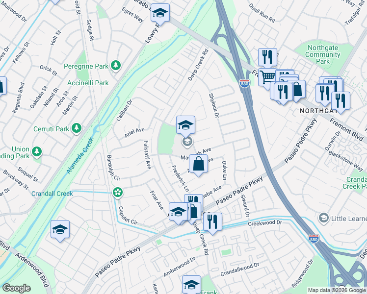map of restaurants, bars, coffee shops, grocery stores, and more near 33955 Emilia Lane in Fremont