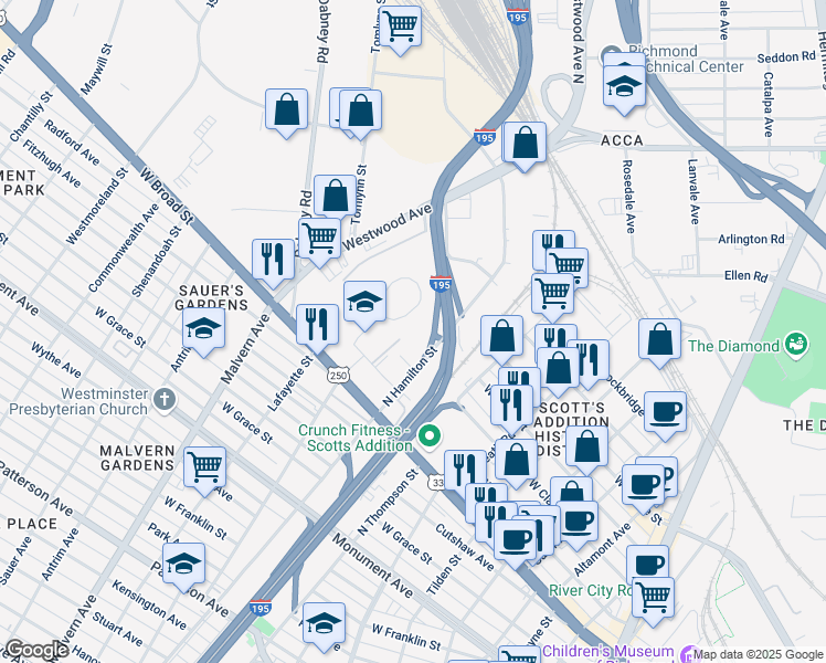 map of restaurants, bars, coffee shops, grocery stores, and more near 3840 Mastin Lane in Richmond