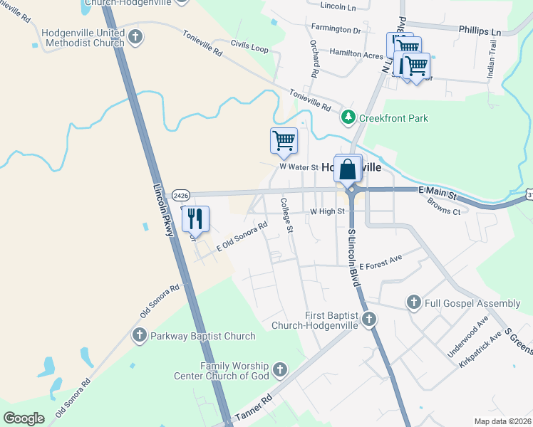 map of restaurants, bars, coffee shops, grocery stores, and more near 41 East Old Sonora Road in Hodgenville