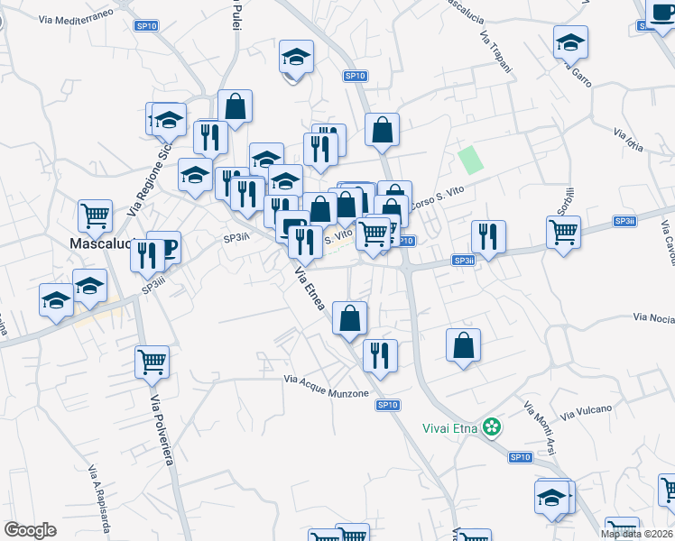 map of restaurants, bars, coffee shops, grocery stores, and more near 72 Via Etnea in Mascalucia