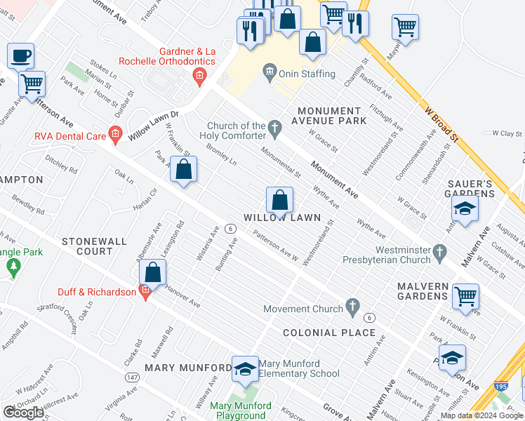 map of restaurants, bars, coffee shops, grocery stores, and more near 4719 West Franklin Street in Richmond