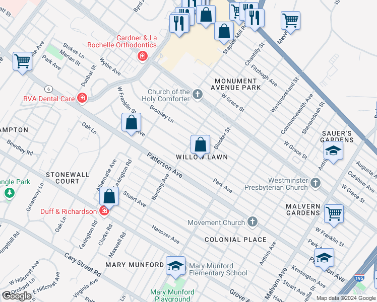 map of restaurants, bars, coffee shops, grocery stores, and more near 4719 West Franklin Street in Richmond