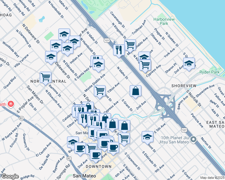 map of restaurants, bars, coffee shops, grocery stores, and more near 40 North Fremont Street in San Mateo