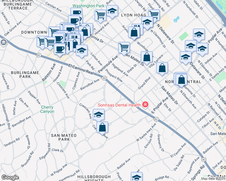 map of restaurants, bars, coffee shops, grocery stores, and more near 10 Clark Drive in San Mateo