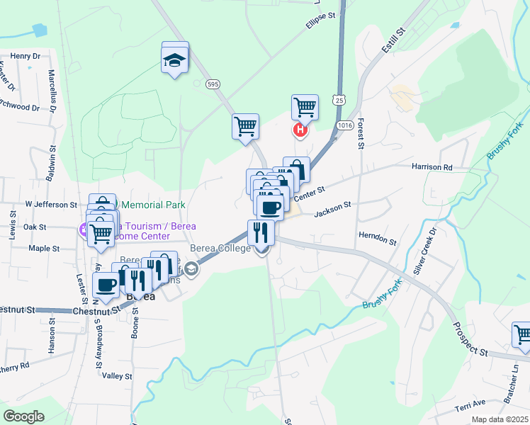 map of restaurants, bars, coffee shops, grocery stores, and more near 100 South Main Street in Berea