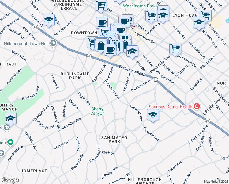 map of restaurants, bars, coffee shops, grocery stores, and more near 1598 Newlands Avenue in Burlingame