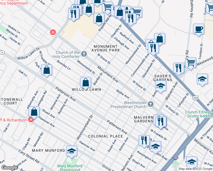 map of restaurants, bars, coffee shops, grocery stores, and more near 4603 Wythe Avenue in Richmond