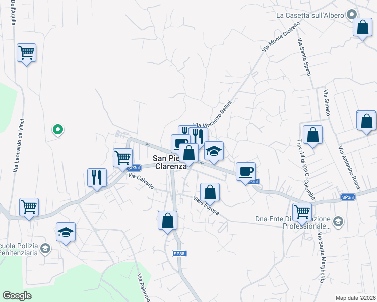 map of restaurants, bars, coffee shops, grocery stores, and more near 117 Via Umberto in San Pietro Clarenza