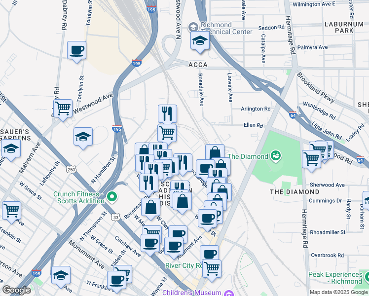 map of restaurants, bars, coffee shops, grocery stores, and more near 1805 Roseneath Road in Richmond