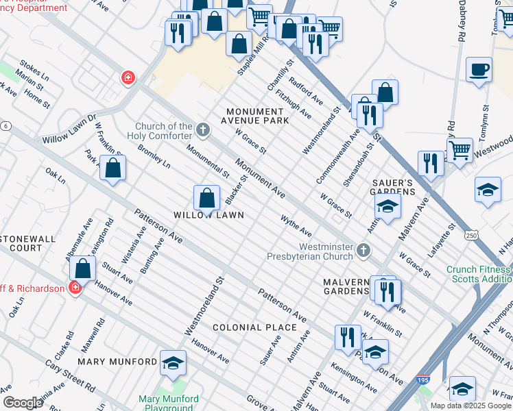 map of restaurants, bars, coffee shops, grocery stores, and more near 4603 Wythe Avenue in Richmond