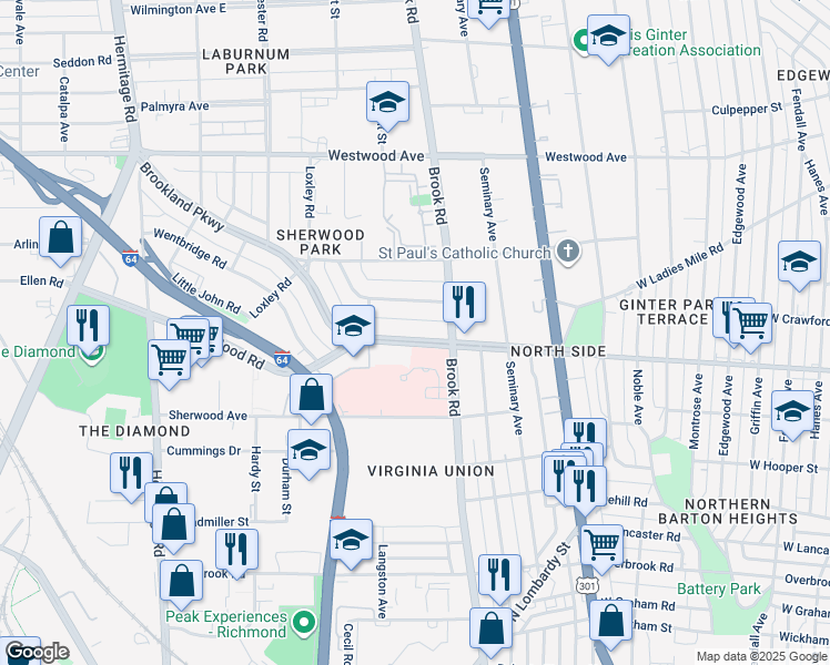 map of restaurants, bars, coffee shops, grocery stores, and more near 1210 Brookland Parkway in Richmond