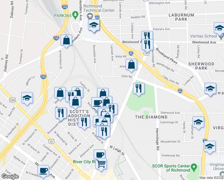 map of restaurants, bars, coffee shops, grocery stores, and more near Boulevard West in Richmond